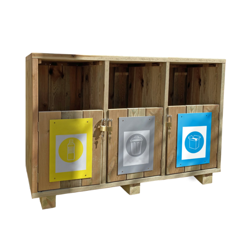 Papelera de Reciclaje de Madera con 3 Compartimentos